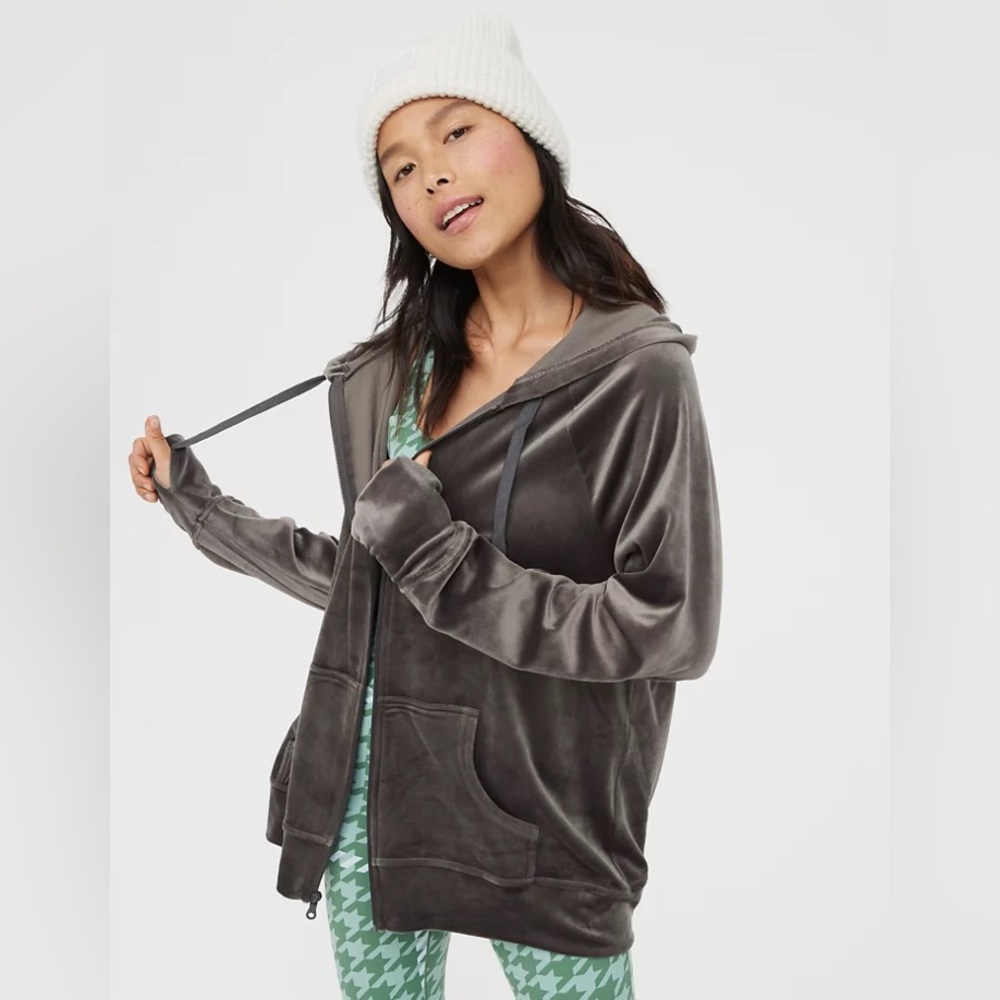 Aerie. After Party Velour Oversized Full Zip Hoodie. Smoked Gray. Size Medium.